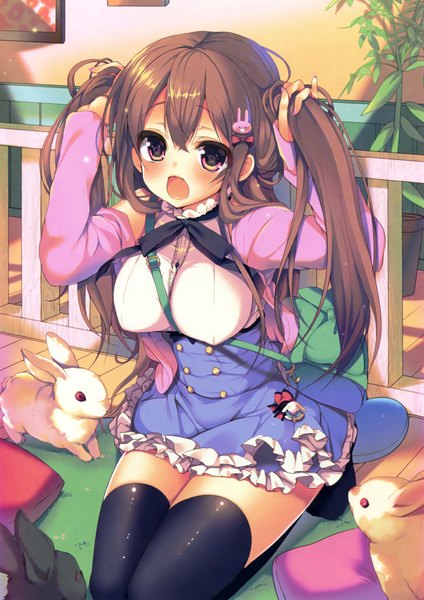 Anime picture 2118x3000 with ayuma sayori single long hair tall image looking at viewer blush highres breasts open mouth light erotic brown hair purple eyes twintails scan girl thighhighs dress black thighhighs animal bunny