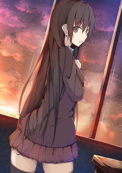 Anime picture 1020x1447 with original shirotaso0818 single long hair tall image looking at viewer open mouth brown eyes cloud (clouds) looking back zettai ryouiki evening sunset girl thighhighs skirt uniform black thighhighs school uniform miniskirt
