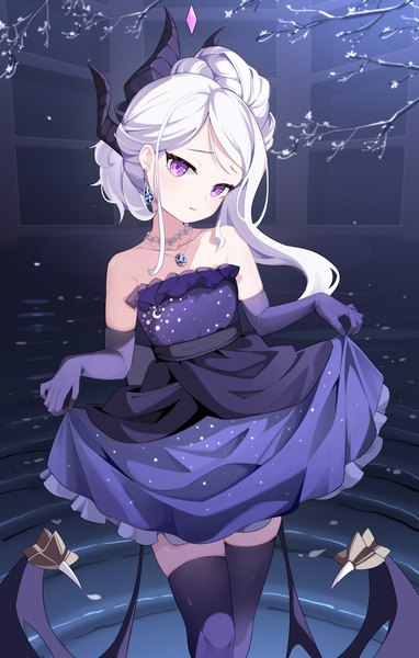Anime picture 2604x4093 with blue archive hina (blue archive) hina (dress) (blue archive) dowal single long hair tall image highres standing purple eyes silver hair head tilt horn (horns) official alternate costume low wings skirt hold girl thighhighs dress gloves