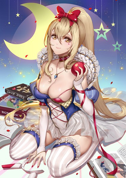 Anime picture 1500x2122 with snow white and the seven dwarfs azur lane ayanami (azur lane) snow white itoucon single long hair tall image looking at viewer blush fringe breasts light erotic blonde hair smile hair between eyes large breasts sitting holding yellow eyes