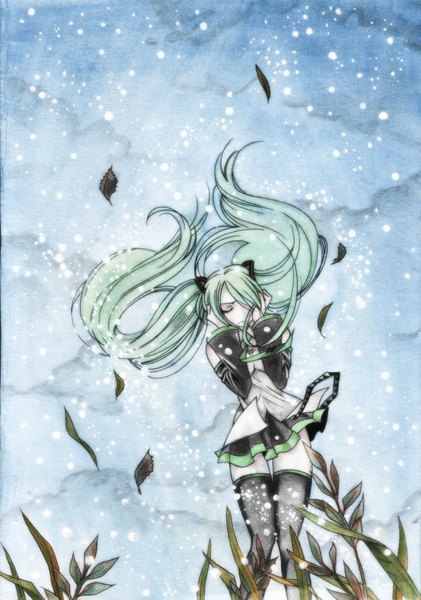 Anime picture 2457x3503 with vocaloid hatsune miku tagme (artist) single tall image highres eyes closed very long hair pleated skirt aqua hair zettai ryouiki underwater girl thighhighs ribbon (ribbons) black thighhighs hair ribbon detached sleeves water leaf (leaves)