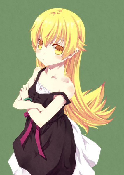 Anime picture 708x1000 with bakemonogatari shaft (studio) monogatari (series) oshino shinobu kouji (campus life) single long hair tall image looking at viewer blush simple background blonde hair yellow eyes crossed arms strap slip green background girl dress ribbon (ribbons) black dress