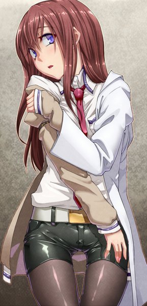 Anime picture 1024x2121 with steins;gate white fox makise kurisu aya shachou single long hair tall image blush open mouth brown hair purple eyes asymmetrical clothes girl shirt pantyhose necktie jacket shorts belt labcoat