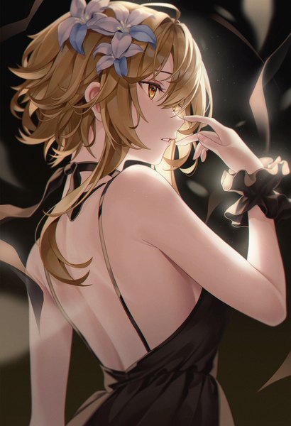 Anime picture 1398x2048 with genshin impact lumine (genshin impact) myless single long hair tall image fringe blonde hair hair between eyes standing bare shoulders yellow eyes payot looking away parted lips arm up hair flower back wrist scrunchie girl