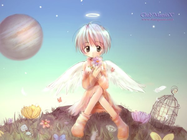 Anime picture 1600x1200 with club maniax shiina asako single blush short hair sitting silver hair black eyes loli soft beauty girl flower (flowers) plant (plants) wings star (stars) planet cage