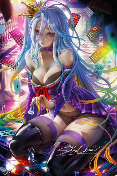 Anime picture 667x1000 with no game no life madhouse shiro (no game no life) sakimichan single tall image looking at viewer blush fringe breasts light erotic hair between eyes large breasts sitting bare shoulders holding signed yellow eyes cleavage silver hair