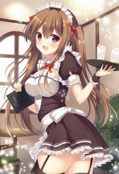Anime picture 700x1018 with original tomoo (tomo) single long hair tall image looking at viewer blush open mouth brown hair twintails brown eyes maid girl thighhighs dress uniform black thighhighs headdress maid headdress