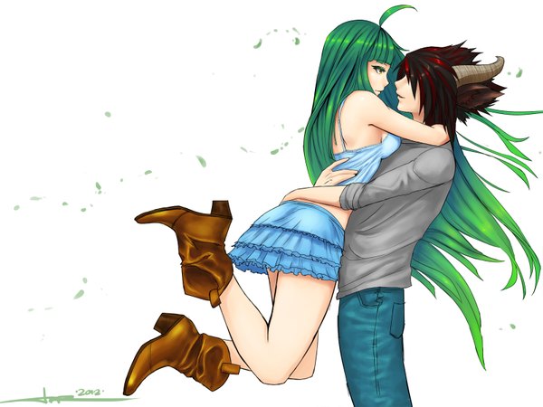 Anime picture 1600x1200 with original buttjeeeks long hair highres short hair breasts black hair white background bare shoulders green eyes signed ahoge red hair multicolored hair horn (horns) green hair light smile two-tone hair couple hug
