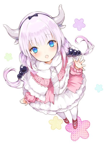 Anime picture 709x957 with kobayashi-san chi no maidragon kyoto animation kanna kamui kinokohime single long hair tall image looking at viewer blush fringe open mouth blue eyes white background twintails purple hair full body horn (horns) from above low twintails cute