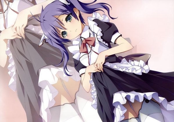 Anime picture 3297x2319 with mayo chiki! feel (studio) usami masamune kikuchi seiji highres twintails green eyes absurdres purple hair maid dress lift zoom layer girl thighhighs white thighhighs