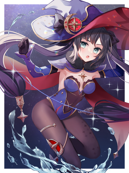 Anime picture 1500x2000 with genshin impact mona megistus ougi (u to4410) single long hair tall image open mouth blue eyes light erotic black hair twintails payot :o border outside border girl gloves hat detached sleeves pantyhose