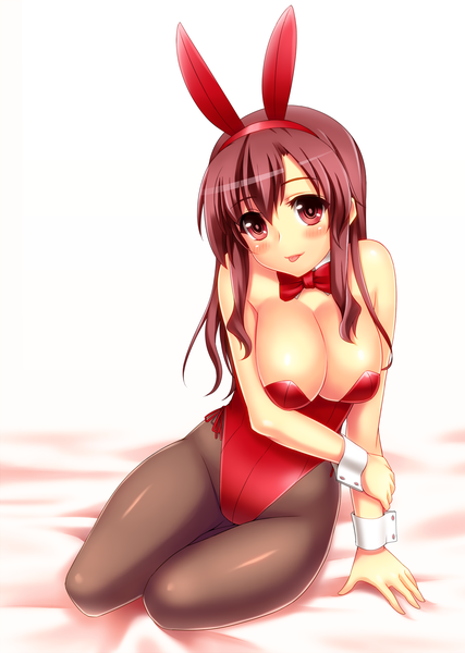 Anime picture 1197x1680 with original surume (clavis) single long hair tall image blush breasts light erotic red eyes brown hair bunny ears girl bunnysuit