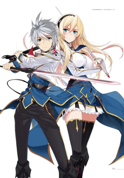 Anime picture 1424x2048 with saijaku muhai no bahamut celistia ralgris lux arcadia kasuga ayumu (haruhipo) long hair tall image looking at viewer short hair blue eyes simple background blonde hair white background silver hair scan girl thighhighs dress boy weapon black thighhighs