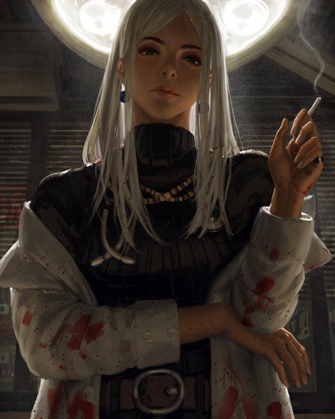 Anime picture 3277x4096 with original guweiz single long hair tall image looking at viewer fringe highres holding absurdres upper body white hair lips realistic off shoulder from below grey eyes light smoke eyeshadow