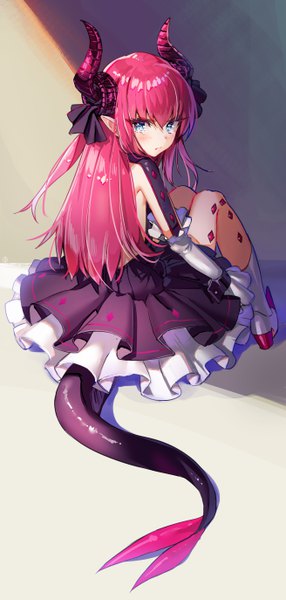 Anime picture 2623x5496 with fate (series) fate/extra fate/extra ccc elizabeth bathory (fate) (all) elizabeth bathory (fate) hieung single long hair tall image looking at viewer blush fringe highres blue eyes hair between eyes sitting payot pink hair full body bent knee (knees)