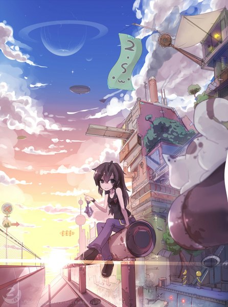Anime picture 1600x2153 with original qian ye (qys3) qys3 single long hair tall image looking at viewer smile brown hair sitting grey eyes sleeveless watermark scenic girl earrings animal bracelet building (buildings) star (stars)
