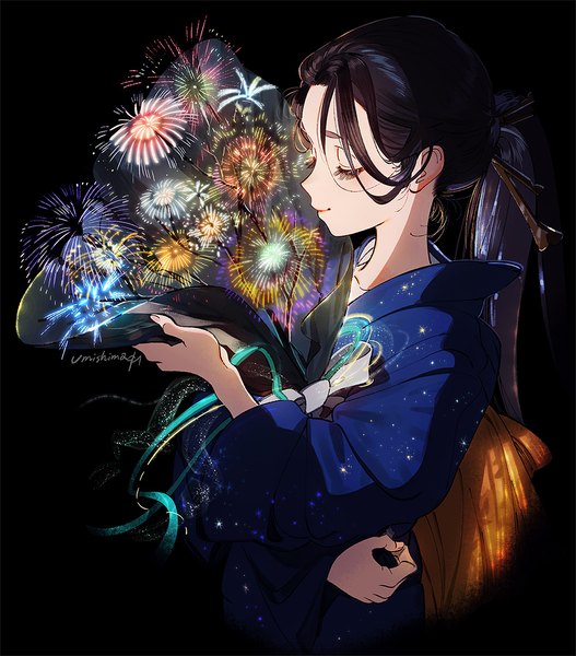 Anime picture 1002x1141 with original kaisen single long hair tall image black hair simple background holding signed ponytail eyes closed traditional clothes japanese clothes profile light smile sparkle black background fireworks surreal girl
