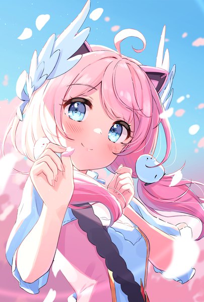 Anime picture 1351x2000 with virtual youtuber indie virtual youtuber sakurada hane saboten mushi single long hair tall image looking at viewer blush blue eyes smile twintails holding animal ears pink hair upper body ahoge cat ears low twintails head wings