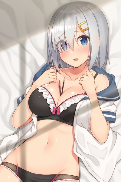 Anime picture 800x1200 with kantai collection hamakaze destroyer hiiragi hajime single tall image looking at viewer blush fringe short hair breasts open mouth blue eyes light erotic hair between eyes large breasts silver hair :d hair over one eye open clothes shadow
