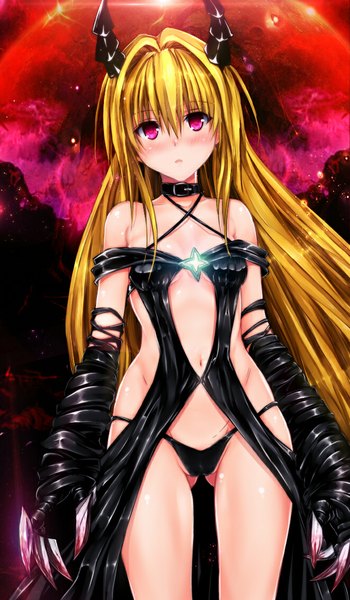 Anime picture 660x1131 with toloveru toloveru darkness xebec konjiki no yami pitui1996 (krmn-chan) single long hair tall image blush fringe light erotic blonde hair hair between eyes bare shoulders sky pink eyes horn (horns) ass visible through thighs mountain girl