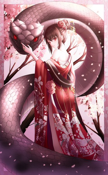 Anime picture 3090x5000 with original yeomin single tall image looking at viewer fringe highres short hair hair between eyes red eyes brown hair absurdres nail polish traditional clothes japanese clothes hair flower off shoulder hair bun (hair buns) turning head floral print