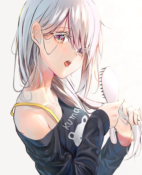 Anime picture 1127x1389 with original kinoruru toiro single long hair tall image looking at viewer blush fringe open mouth simple background white background silver hair upper body long sleeves pink eyes hair over one eye text english clothes writing holding hair