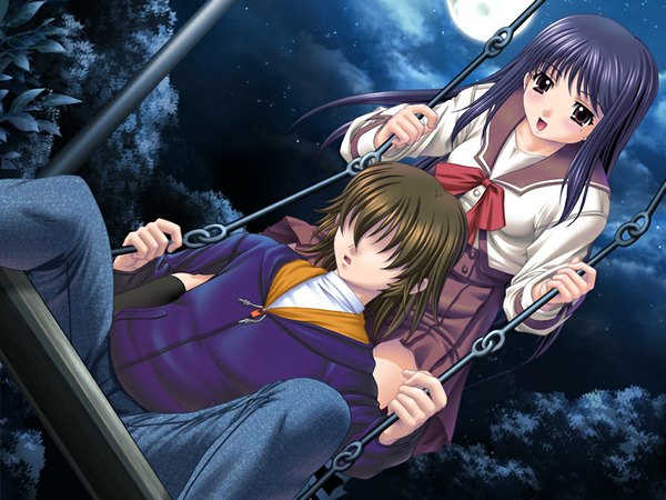 Anime picture 1024x768 with harem days (game) black hair red eyes brown hair game cg night girl boy serafuku moon