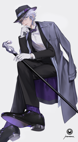 Anime picture 826x1500 with twisted wonderland azul ashengrotto inanome me single tall image looking at viewer short hair blue eyes simple background silver hair full body grey background mole crossed legs mole under mouth clothes on shoulders hand on face boy gloves hat