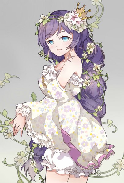 Anime picture 1000x1480 with love live! school idol project sunrise (studio) love live! toujou nozomi xiaohan single long hair tall image looking at viewer blush blue eyes simple background bare shoulders purple hair ponytail girl dress flower (flowers) frills crown