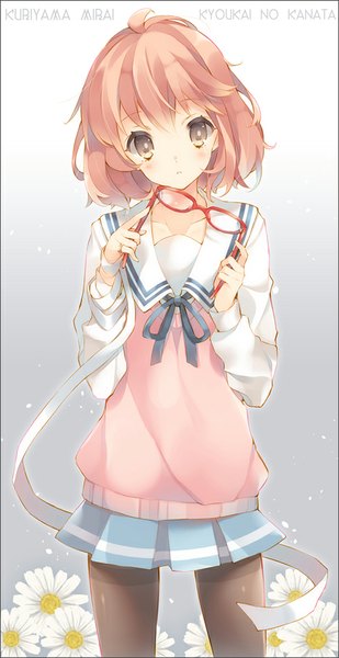 Anime picture 500x969 with kyoukai no kanata kyoto animation kuriyama mirai enomoto hina single tall image looking at viewer blush fringe short hair simple background pink hair grey eyes copyright name character names eyewear removed girl skirt uniform flower (flowers)