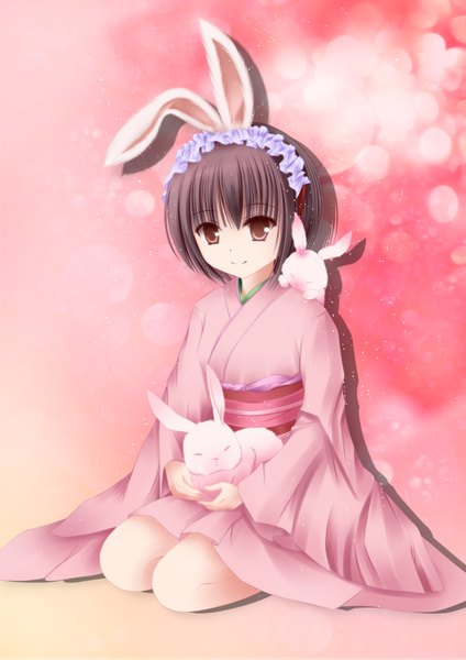 Anime picture 2892x4091 with yy (artist) single tall image highres short hair black hair red eyes traditional clothes japanese clothes bunny ears pink background girl animal kimono bunny