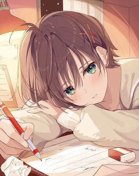 Anime picture 1300x1647 with original akamoku single tall image looking at viewer blush fringe short hair hair between eyes brown hair holding green eyes signed ahoge indoors long sleeves twitter username sleeves past wrists head rest writing