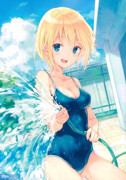 Anime picture 2321x3300 with original hiten (hitenkei) single tall image looking at viewer blush fringe highres short hair breasts open mouth blue eyes light erotic blonde hair signed sky cleavage cloud (clouds) outdoors :d