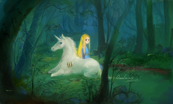 Anime picture 1644x991 with sound horizon stardust ocean (pixiv) long hair blue eyes blonde hair wide image girl dress plant (plants) tree (trees) forest unicorn
