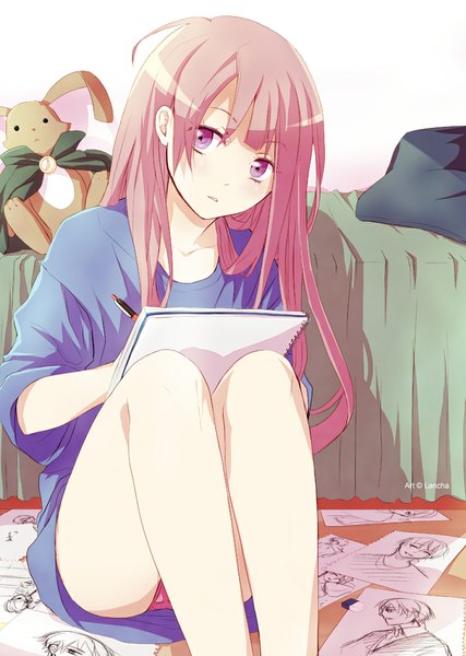 Anime picture 711x1000 with original lancha (pixiv) single long hair tall image looking at viewer fringe light erotic sitting purple eyes pink hair legs portrait drawing girl underwear panties toy paper picture