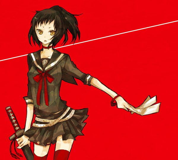 Anime picture 1000x897 with original buzz single short hair black hair simple background yellow eyes ponytail red background girl thighhighs sword choker serafuku bracelet belt katana