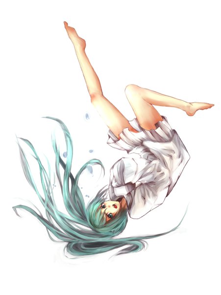Anime picture 1580x2100 with vocaloid hatsune miku soranokanata single long hair tall image open mouth simple background white background twintails full body barefoot aqua eyes aqua hair bare legs falling girl skirt straitjacket
