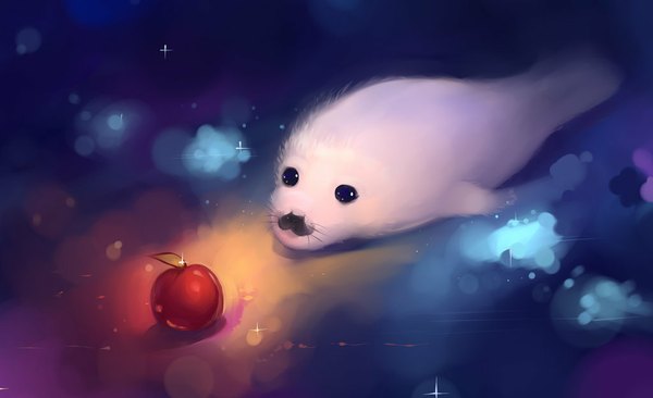 Anime picture 1024x625 with original hangmoon blue eyes wide image animal fruit apple seal