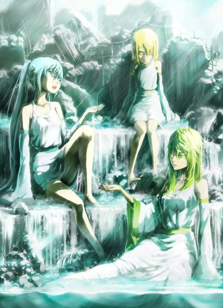 Anime picture 1500x2067 with vocaloid hatsune miku kagamine rin gumi ko2915277ok long hair tall image short hair open mouth sitting twintails bare shoulders multiple girls green eyes blue hair sky cloud (clouds) eyes closed barefoot green hair