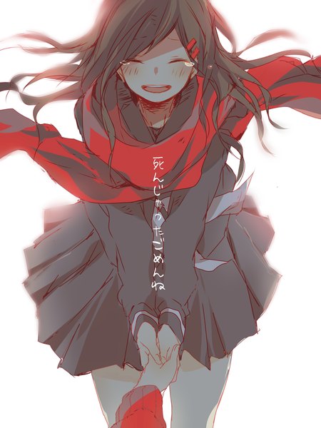 Anime picture 1100x1467 with kagerou project shaft (studio) tateyama ayano kisaragi shintarou nuriko-kun (artist) long hair tall image blush open mouth black hair simple background white background eyes closed from above text holding hands solo focus girl boy uniform