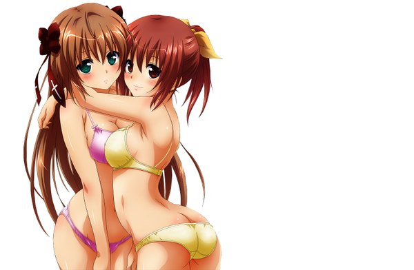 Anime picture 1650x1080 with mayoi neko overrun! serizawa fumino naruko kanae long hair looking at viewer blush breasts light erotic simple background red eyes brown hair white background multiple girls green eyes ass red hair light smile hug arched back butt crack