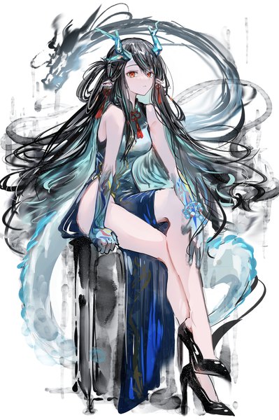 Anime picture 2726x4096 with arknights dusk (arknights) dusk (everything is a miracle) (arknights) nanaponi single long hair tall image fringe highres light erotic black hair hair between eyes red eyes full body traditional clothes horn (horns) pointy ears arm support bare legs high heels
