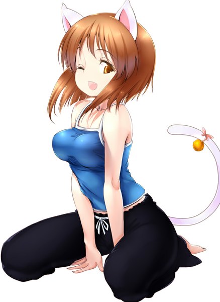 Anime picture 730x1000 with idolmaster hagiwara yukiho zizi (zz22) single tall image short hair open mouth simple background brown hair white background bare shoulders brown eyes animal ears tail animal tail one eye closed wink cat ears cat girl cat tail