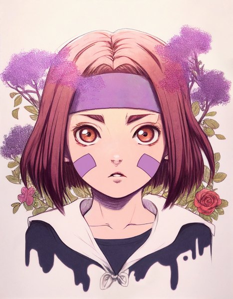 Anime picture 1556x2000 with naruto studio pierrot naruto (series) nohara rin madasamaaa single tall image looking at viewer fringe short hair brown hair brown eyes parted lips face face paint girl flower (flowers) rose (roses) leaf (leaves) red rose