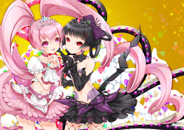Anime picture 1411x1000 with six hearts princess black princess teiue tamaki pink princess hani haruka juna long hair looking at viewer open mouth black hair red eyes twintails multiple girls pink hair pink eyes midriff drill hair heart hands girl dress