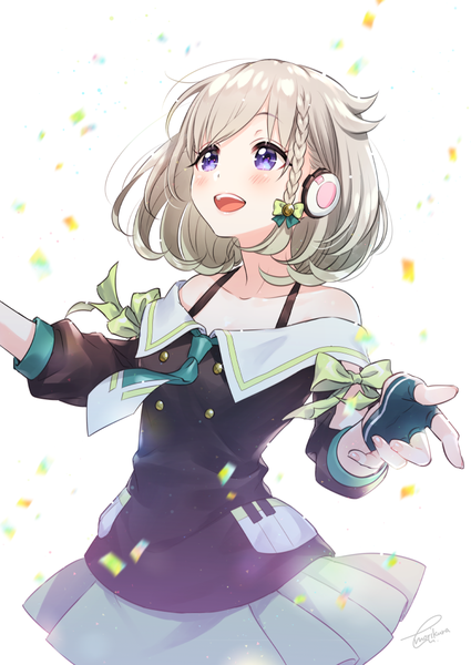 Anime picture 752x1062 with virtual youtuber yuni channel yuni (yuni channel) morikura en single tall image blush short hair open mouth simple background smile standing white background purple eyes signed silver hair braid (braids) :d pleated skirt wind
