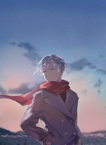 Anime picture 886x1214 with houseki no kuni antarcticite tamomoko single tall image standing looking away silver hair upper body outdoors wind alternate costume silver eyes hands in pockets androgynous contemporary twilight scarf cloak red scarf