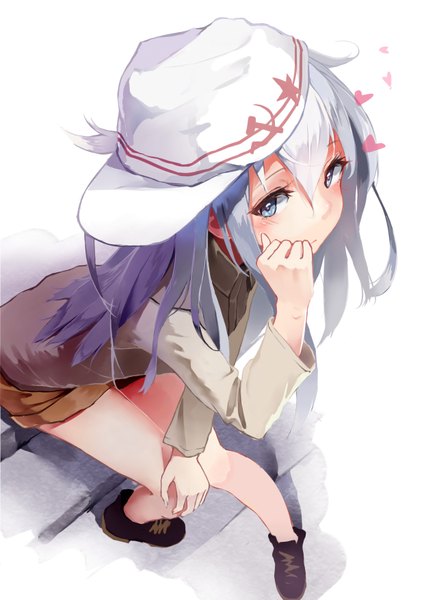 Anime picture 2480x3507 with kantai collection hibiki destroyer verniy destroyer kentllaall single long hair tall image looking at viewer blush fringe highres white background sitting silver hair from above shadow grey eyes back lacing hand on knee