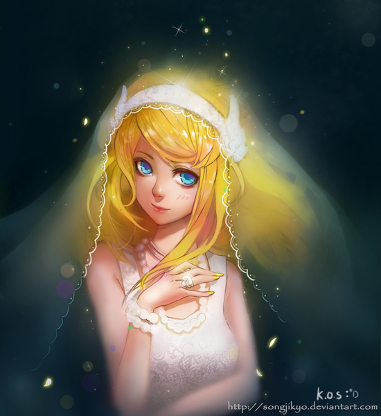 Anime picture 2000x2180 with league of legends lux (league of legends) songjikyo single long hair tall image looking at viewer highres blue eyes blonde hair signed nail polish wedding girl dress choker bracelet ring beads wedding dress