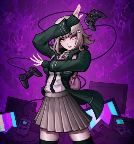 Anime picture 1280x1383 with dangan ronpa super dangan ronpa 2 nanami chiaki protey84 single tall image looking at viewer fringe short hair open mouth smile standing silver hair blunt bangs long sleeves :d pleated skirt pink eyes arms up open jacket